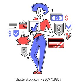 Financial safety concept vector outline illustration, young worker doing his job on a finance protection, customer feeling safe with his finance.