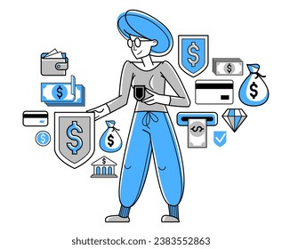 Das Konzept der finanziellen Sicherheit, Vektorgrafik, junge Arbeitnehmerin, die ihre Arbeit auf dem Gebiet des Finanzschutzes erledigt, Kunden, die sich mit seiner Finanzierung sicher fühlen.