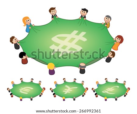 Financial Safety Net - editorial illustration with ten businessmen and women holding a safety net with financial symbol on it (euro, dollar, yen, pound)
