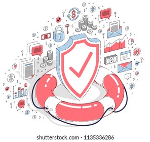 Financial safety and protection concept, Life Buoy and metal Shield isolated on white background. Vector 3d isometric business illustration with icons, stats charts and design elements.