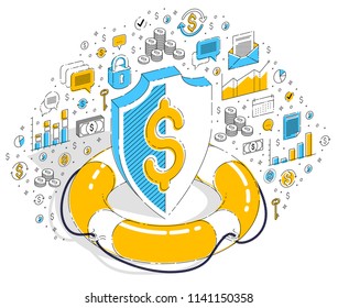 Financial safety and protection concept, Life Buoy and metal Shield isolated on white background. Vector 3d isometric business illustration with icons, stats charts and design elements.