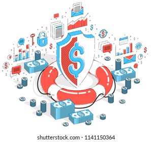 Financial safety and protection concept, Life Buoy and Shield with cash money stack and coins isolated on white. Isometric 3d vector finance illustration with icons, stats charts and design elements.