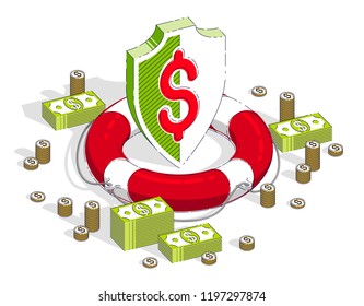 Financial safety and protection concept, Life Buoy and Shield with cash money dollar stack and coins isolated on white background. Vector 3d isometric business and finance illustration.