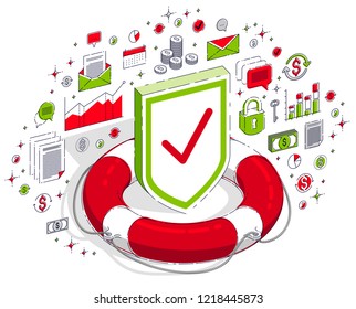 Financial safety and protection concept, Life Buoy and metal Shield isolated on white background. Vector 3d isometric business illustration with icons, stats charts and design elements.