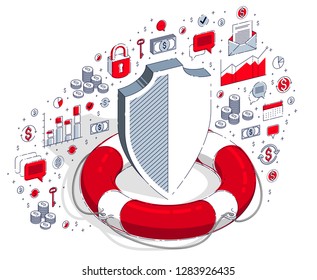 Financial safety and protection concept, Life Buoy and metal Shield isolated on white background. Vector 3d isometric business illustration with icons, stats charts and design elements.
