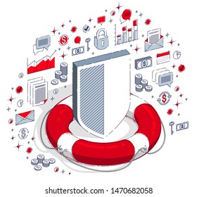 Financial safety and protection concept, Life Buoy and metal Shield isolated on white background. Vector 3d isometric business illustration with icons, stats charts and design elements.