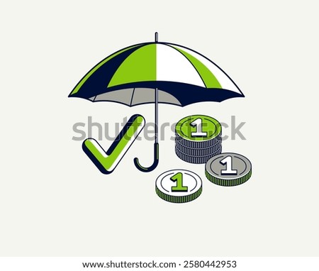 Financial safety vector detailed icon, umbrella and money composition, secured bank account, safe private finances.