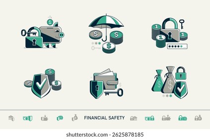 Financial safety vector detailed icons set, secured account and transaction, protected finance money.