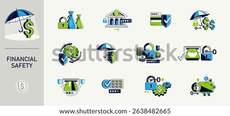 Financial safety vector detailed icons set, secured account and transaction, protected finance money.