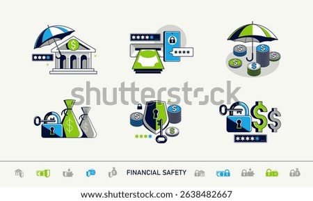 Financial safety vector detailed icons set, secured account and transaction, protected finance money.