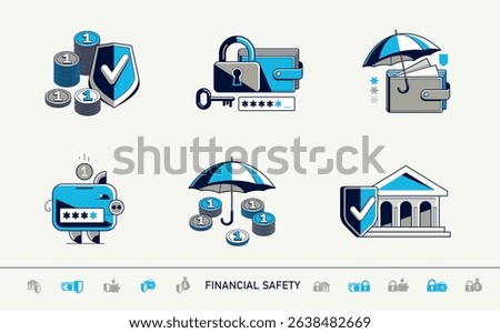 Financial safety vector detailed icons set, secured account and transaction, protected finance money.