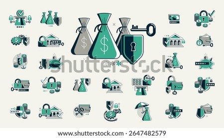 Financial safety vector detailed icons set, secured account and transaction, protected finance money.