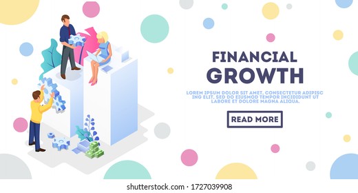 Financial and sales growth, development, startup, planning, analyzing, collaboration, partnership isometric vector concept . People working at company.