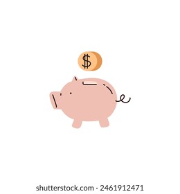 Financial savings concept. Vector illustration of a cute piggy bank with a coin being inserted, representing money management.