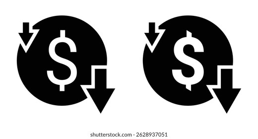 Financial savings and cost control icon. Cost down arrow sign. Dollar down icon. Dollar rate decrease icon set. Budget cut symbol in flat design.