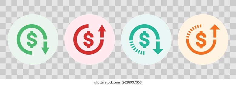 Financial savings and cost control icon. Cost down arrow sign. Dollar down icon. Dollar rate decrease icon set. Budget cut symbol in flat design.