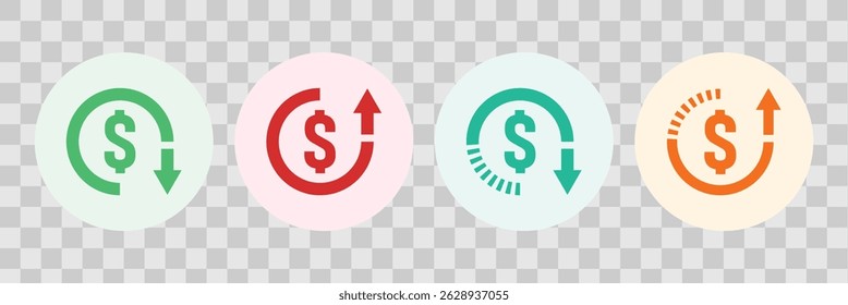 Financial savings and cost control icon. Cost down arrow sign. Dollar down icon. Dollar rate decrease icon set. Budget cut symbol in flat design.