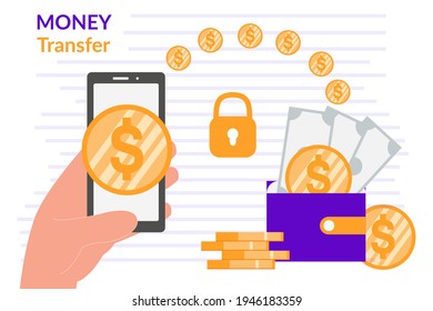 Financial savings or economy concept. Money transfer from smartphone to wallet. Safe banking. Can be use for banner, landing page, web, ui, template, background, flyer, poster.