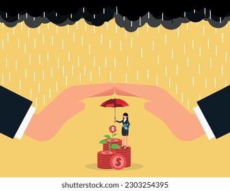 Financial savings insurance, Money tree under an umbrella. Giant business woman protecting from rainstorm