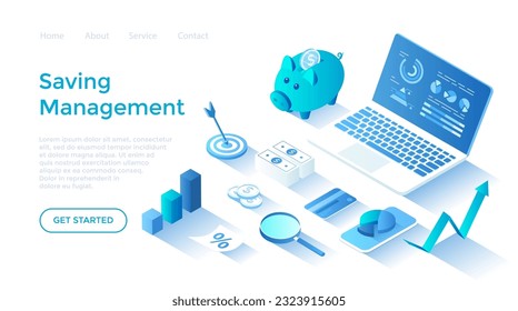 Financial savings management. Cost optimization, analysis and planning. Strategic distribution of business resources. Landing page template for web on white background.	
