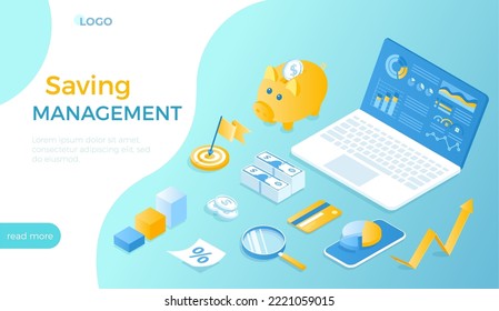 Financial Savings Management. Strategic Distribution Of Business Resources. Cost Optimization, Analysis And Planning. Isometric Vector Illustration For Website.	
