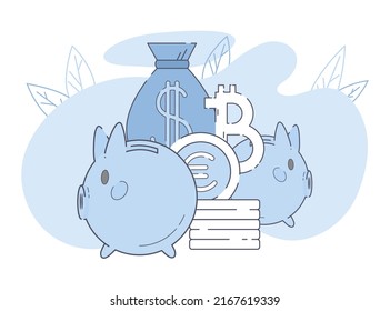 Financial savings. Passive income. Deposits and investments profit. Several vector flat outlined piggy banks and coins, bitcoin and  money bag. Income diversification. Graphic decorative composition.