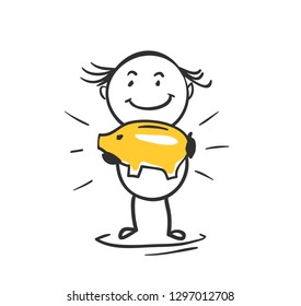 Financial savings. Vector illustration, happy little man with a piggy bank