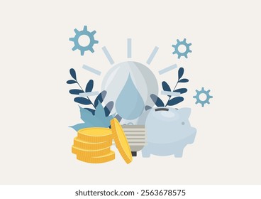 Financial Savings and Water Conservation Concept. water drop light bulb, piggy bank, gears, and coins, symbolizing eco-friendly solutions, savings, and sustainability innovation. Water conservation.