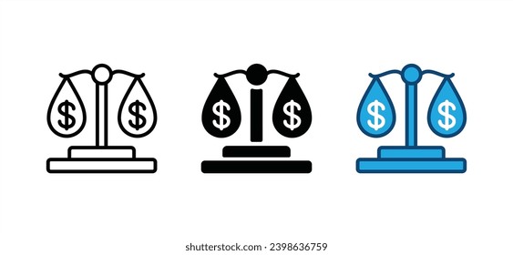 Financial scale icon. Scales of justice with money symbol. Vector illustration