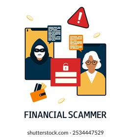 Financial scammer. Elderly woman on the phone screen and telephone fraud. Concept of cyber crime, data hacking. Vector flat illustration isolated on white background.
