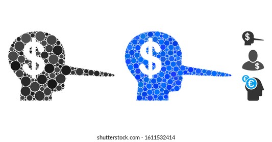 Financial scammer mosaic of small circles in various sizes and color hues, based on financial scammer icon. Vector random circles are united into blue mosaic. svg