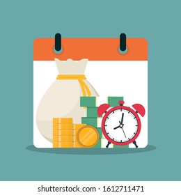 Financial schedule vector illustration flat, calendar, money bag, paper money, coin money, alarm clock, flat design vector illustration