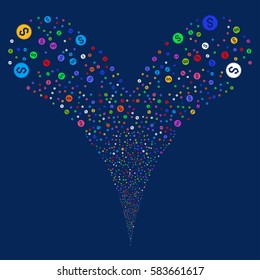 Financial Seal fireworks stream. Vector illustration style is flat bright multicolored iconic symbols on a blue background. Object double fountain created from random icons.