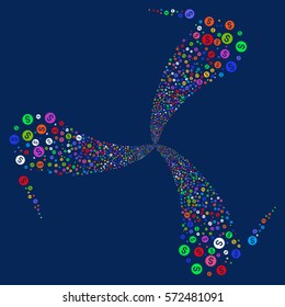 Financial Seal fireworks swirl rotation. Vector illustration style is flat bright multicolored iconic symbols on a blue background. Object whirl done from random design elements.
