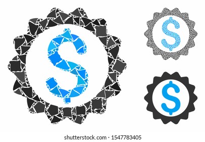 Financial seal mosaic of inequal elements in different sizes and color tones, based on financial seal icon. Vector raggy elements are organized into collage.