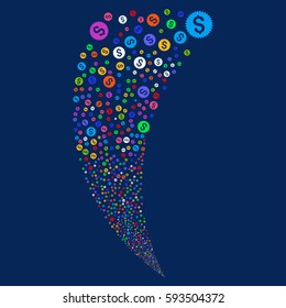 Financial Seal random fireworks stream. Vector illustration style is flat bright multicolored iconic symbols on a blue background. Object fountain created from scattered icons.