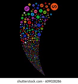 Financial Seal random fireworks stream. Vector illustration style is flat bright multicolored iconic symbols on a black background. Object fountain created from scattered symbols.