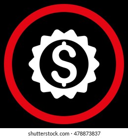 Financial Seal vector bicolor rounded icon. Image style is a flat icon symbol inside a circle, red and white colors, black background.