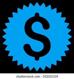 Financial Seal vector icon. Style is flat symbol, blue color, rounded angles, black background.