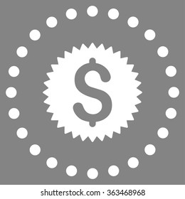 Financial Seal vector icon. Style is flat circled symbol, white color, rounded angles, gray background.