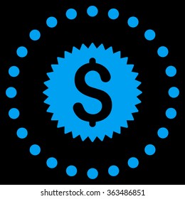 Financial Seal vector icon. Style is flat circled symbol, blue color, rounded angles, black background.