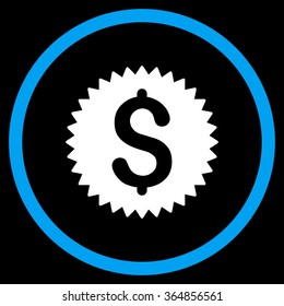 Financial Seal vector icon. Style is bicolor flat circled symbol, blue and white colors, rounded angles, black background.