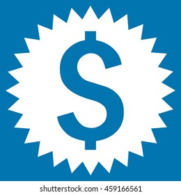 Financial Seal vector icon. Style is flat symbol, white color, blue background.