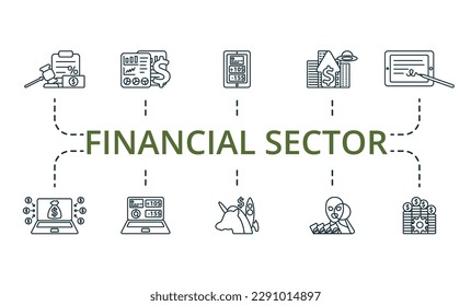 Financial sector outline set. Creative icons: tax regulation, financial data analytics, digital banking, future of money, electronic signature, crowdfunding platform, e-banking, unicorn startup, fraud