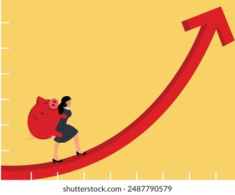 Financial securities for retirement. Business woman carry huge piggy bank.