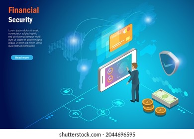 Financial security. Businessman using biometrics fingerprint scanning on smart phone transfer money on credit card. Global network connecting security in digital online technology. 3D isometric .