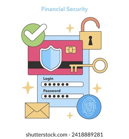 Financial Security concept. Protecting online transactions with encryption, shielded logins, and secure passwords. Cybersecurity in finance. Flat vector illustration.