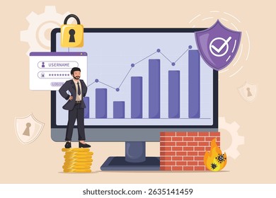 Financial Security and Data Protection: A Businessman Standing on a Stack of Coins Overseeing a Secure Login Screen, Positive Growth Charts, and Robust Firewall Defenses Against Cyber Threats.