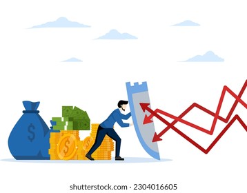 Financial security, defense from cyber attack or economic recession, money loss or wealth protection, strong businessman holding shield to protect against red arrows attacking financial security.