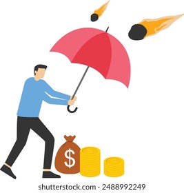 Financial security, defense from cyber attack or economic recession, money loss or wealth protection, strong businessman holding shield to protect against red arrows attacking financial security.